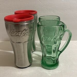 Vintage COCA COLA Collectables--(2) Green Glass Mugs & (2) SS Insulated Tumblers